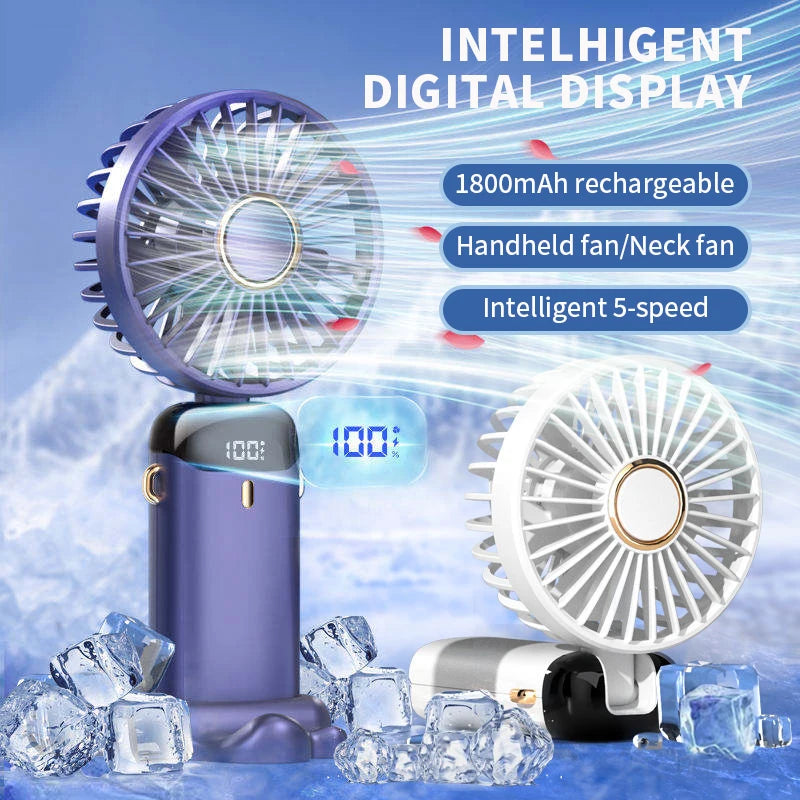 Portable Handheld Mini Fan – USB Rechargeable with Phone Stand & Display Screen