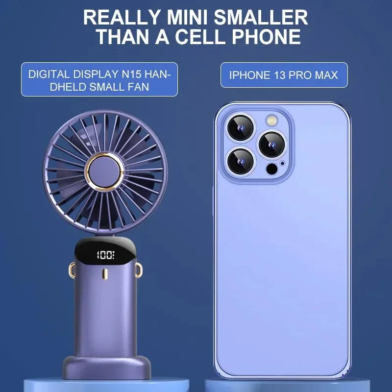 Portable Handheld Mini Fan – USB Rechargeable with Phone Stand & Display Screen